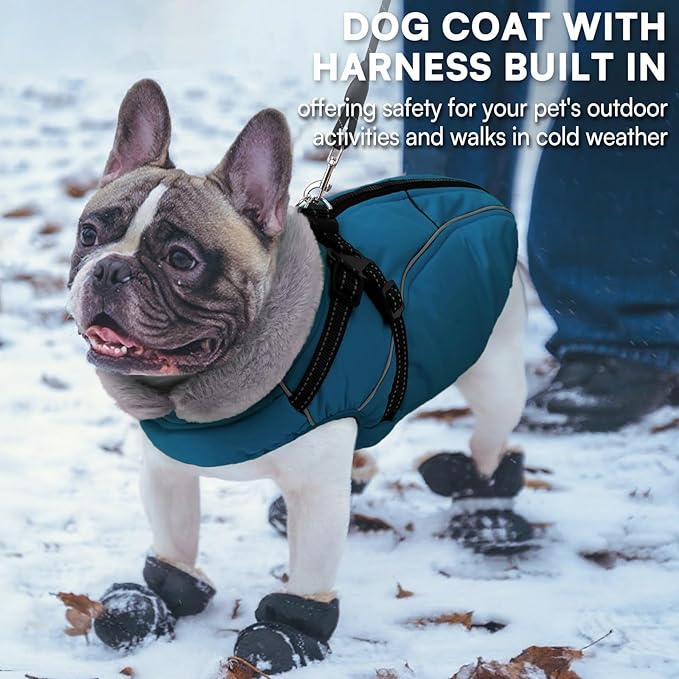 Queenmore Dog Jackets for Large Dogs, Dog Coat with Harness Built in,Waterproof Dogs Coats with Zipper On Back,Warm Fleece Lining Cold Weather Pet Coats with Furry Collar for Labrador,Blue,XL