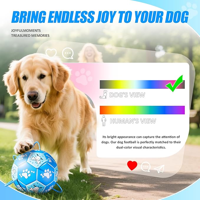 Size 3 Blue Dog Soccer Ball with Straps Eye-Catching Bone and Paw Print Design, Ultra-Durable Training Ball for Pets Interactive Outdoor Dog Toy, Perfect for Medium & Large Puppies