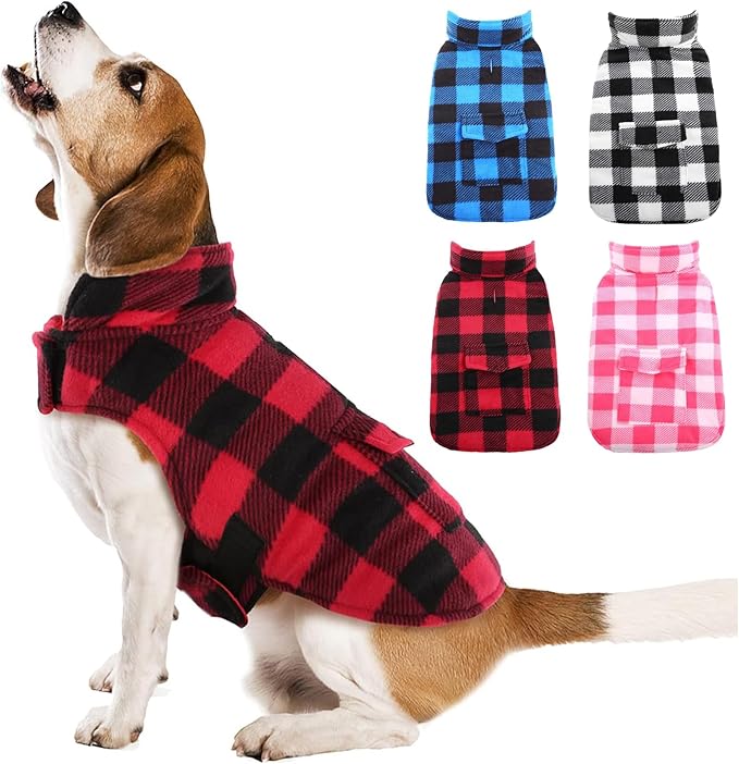 Kuoser Dog Winter Coat, Windproof Dog Fleece Jacket British Style Plaid Cold Weather Doggie Vest Coats, Reversible Cozy Warm Puppy Clothes Pet Apparel for Small Dogs S