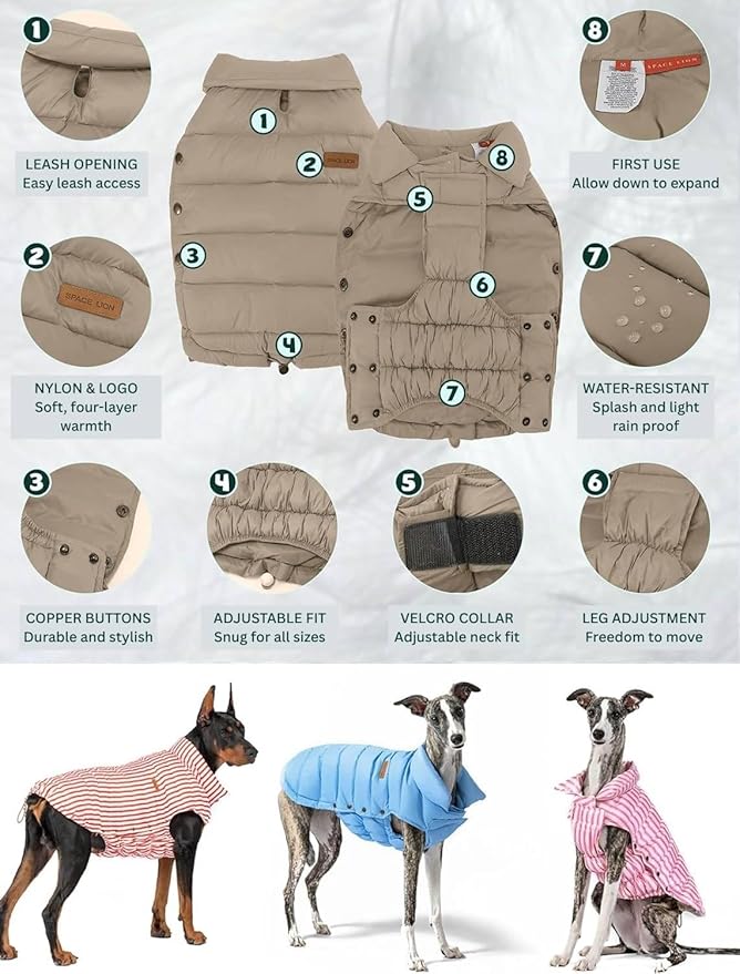 SPACE LION Dog Puffer Jacket, Down Winter Coat, Durable Outdoor Coat for Cold and Windy Conditions, Waterproof, Lightweight Jacket, Adjustable Fit for Small, Medium, Large Dogs(Khaki,10/S)