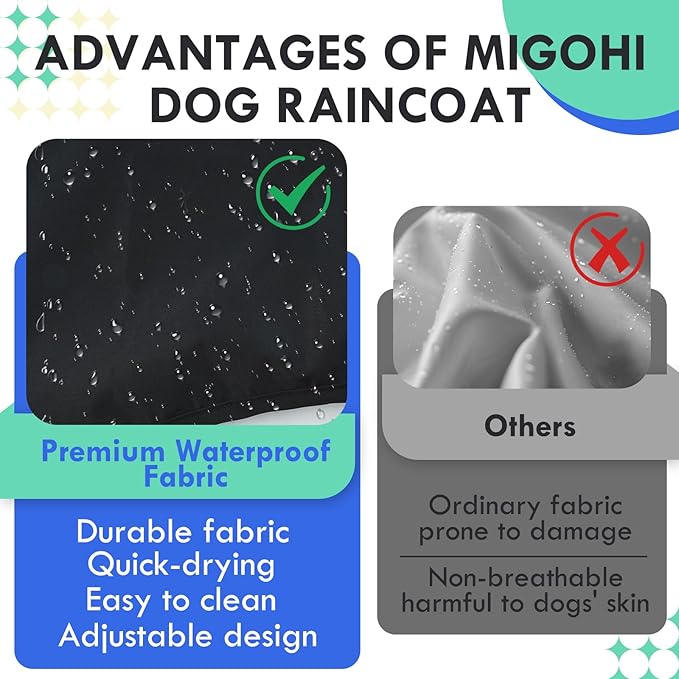 MIGOHI Dog Raincoat, Adjustable Large Dog Raincoat | Easy-On Hook & Loop Belly Straps, Adjustable Hind Leg Straps Dogs Rain Jacket, Machine Washable, Black, L