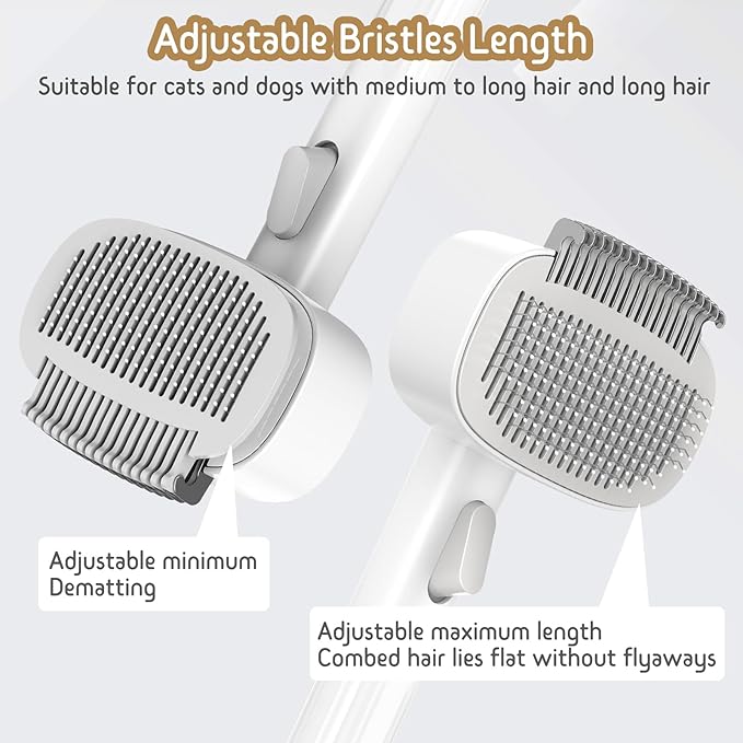 Dog & Cat Brush for Shedding, 2 in 1 Self Cleaning Deshedding Brush with Adjustable Bristle Length & Dematting Comb, Skin Friendly Grooming Tool for Long & Medium-Long Hair Pets