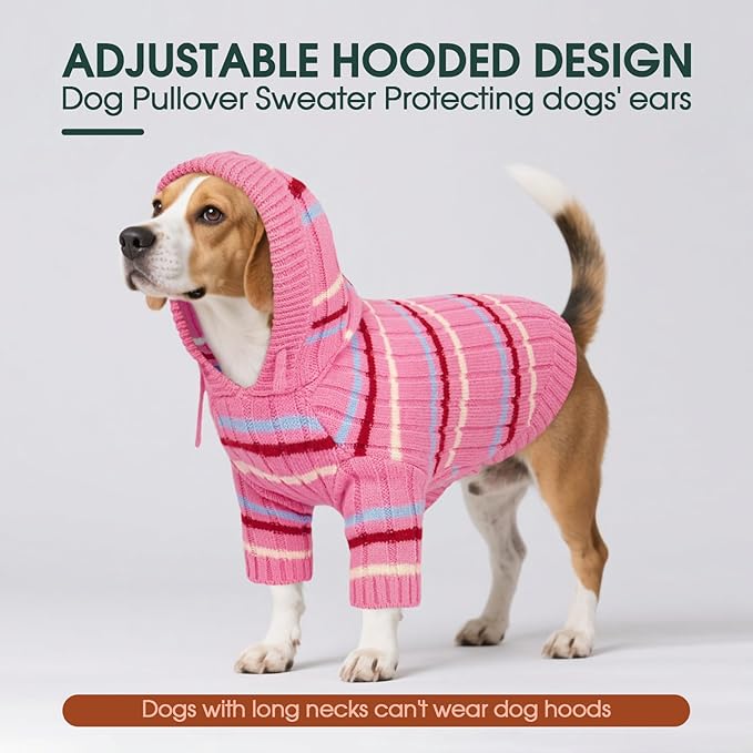 Kuoser Dog Sweater, Dog Sweaters for Large Dogs, Thanksgiving Christmas Large Size Dogs Pullover Sweater, Boy Girl Pet Cable Knitted Sweatshirt, Warm Hood Winter Clothes for Cold Weather, Pink L