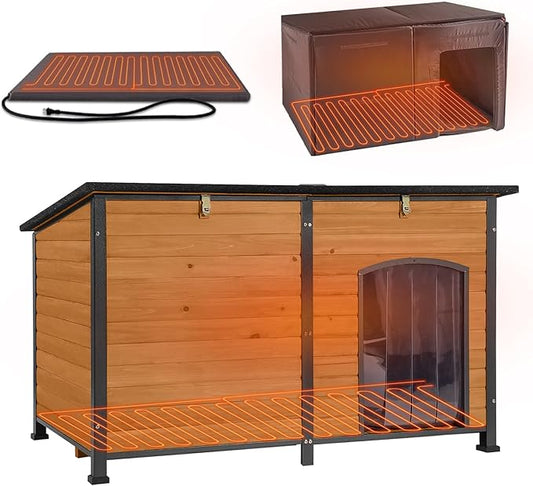 GUTINNEEN Extra Large Heated Dog House for Large Dogs, 6-Sided Insulated Outdoor Dog House with Thermostat Heating Pad, Metal Frame, Insulated Liner, Weatherproof Warm Shelter for Winter Use, Brown