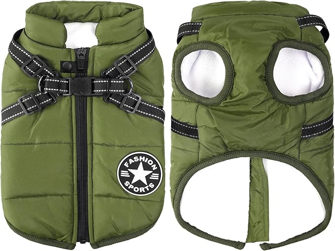 Aiboria Dog Jackets for Winter Windproof Waterproof 2 in 1 Outfit Cold Weather Coat Dog Vest Harness Puppy Winter Warm Jacket Green M