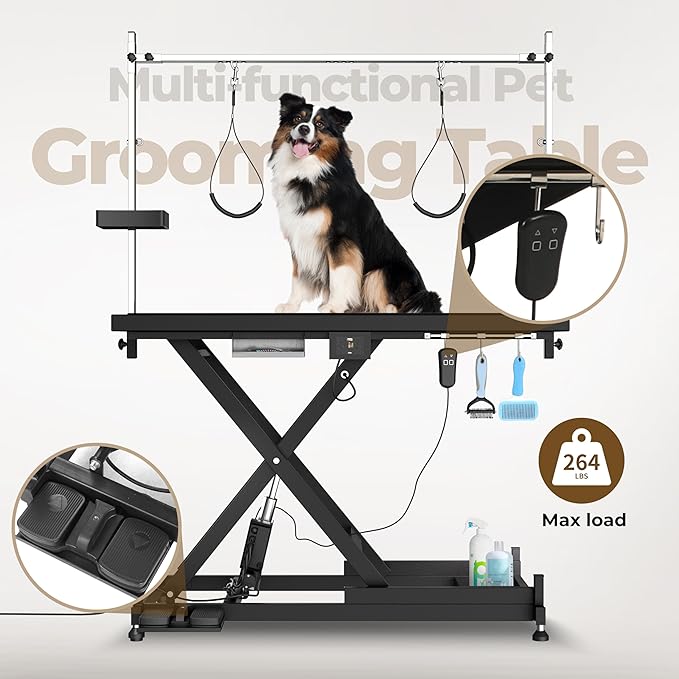 Electric Lift Dog Grooming Table, Upgrade 50 Inch Heavy Duty Professional Pet Grooming Table with Tool Organizer for Large Dogs at Home with Adjustable Overhead Arms and 2 Grooming Noose, Black