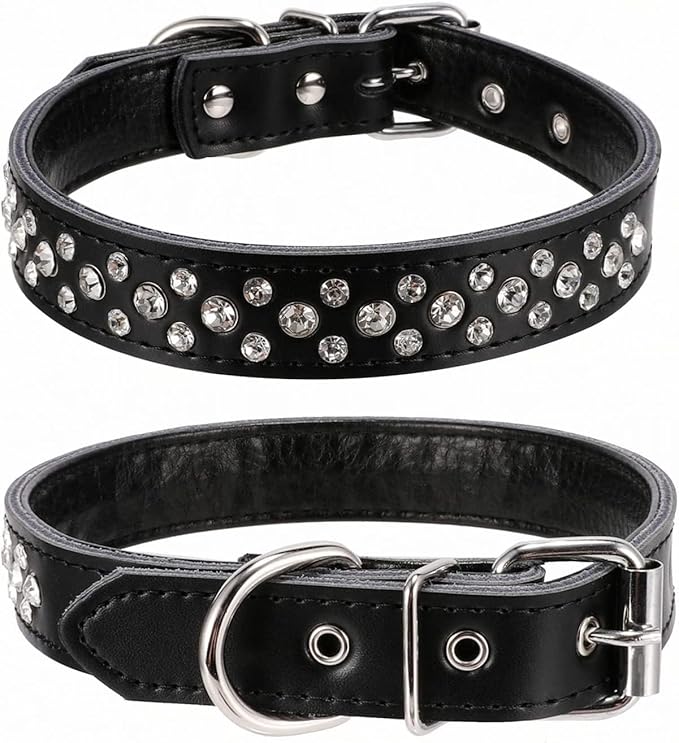 Rhinestones Dog Collar, Adjustable Sparkly Crystal Studded Genuine Leather Pet Dog Collar for Small and Medium Dogs (S, Black)