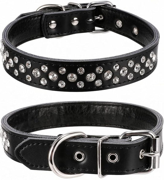 Rhinestones Dog Collar, Adjustable Sparkly Crystal Studded Genuine Leather Pet Dog Collar for Small and Medium Dogs (M, Black)