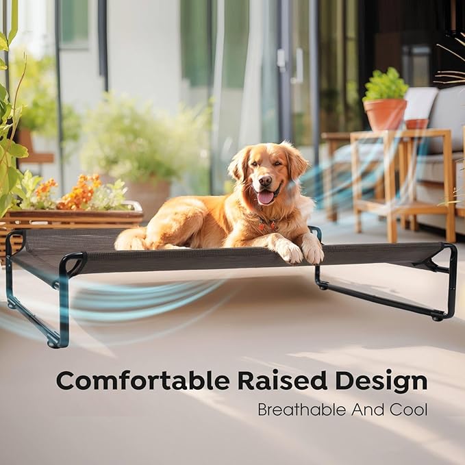 Veehoo Original Outdoor Elevated Dog Bed, Cooling Raised Dog Cot for Large Dogs, Portable Standing Pet Hammock Platform with Washable Breathable Mesh, No-Slip Feet, Large, Brown, CWC2201