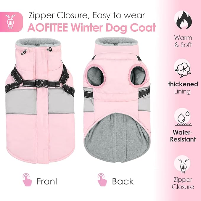 AOFITEE Small Dog Coat, Dog Winter Coat with Harness Built in, Warm Dogs Jacket with Zipper & Polar Fleece Collar, Waterproof Pet Snow Jacket Snowsuit for Schnauzer, Chihuahua Yorkshire, S