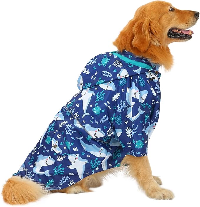 HDE Dog Raincoat Poncho Double Layer Zip Rain Jacket with Removable Hood, Leash Hole for Small to 3XL Dogs and Puppies Sharks - 3XL
