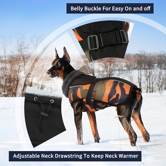 IECOii Extra Warm Dog Coat - Adjustable Winter Jacket with Buckle, Fleece Turtleneck, Reflective Accents, Orange Camo for Small to Extra Large Dogs
