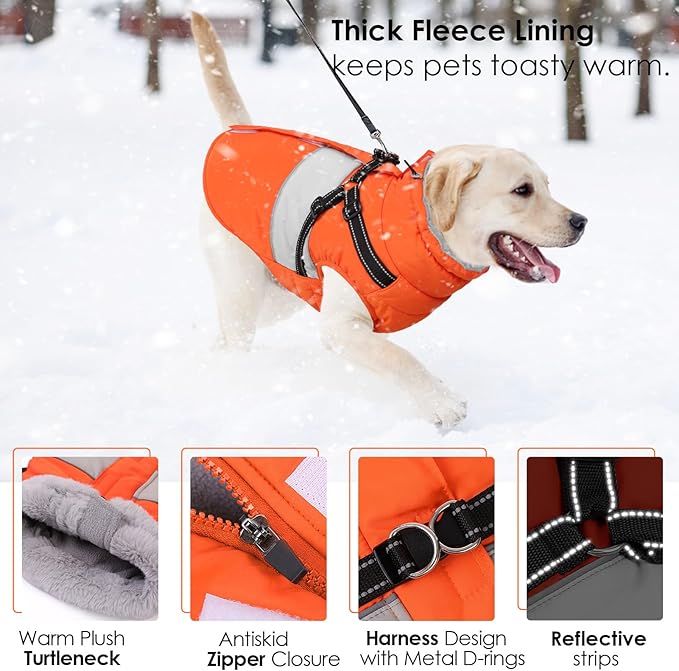 AOFITEE Dog Winter Coat, Dog Coat with Harness Built in, Dogs Jacket for Large Dogs, Reflective Waterproof Pet Puffer Jacket Snowsuit, Warm Fleece Windproof Pet Sweater for Cold Weather, XL
