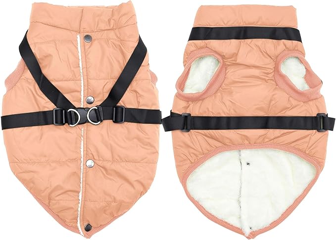 Dog Jacket with Harness,Fleece Lined Warm Puppy Coat for Winter,Soft Windproof Large Dog Vest,LightOrange XXL