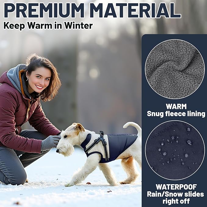 Dog Winter Coat for Small & Medium Dogs (Up to 31lb), Waterproof Dog Coat with Harness, Puppies Windproof Puppy Puffer Jacket, Snowsuit for Dachshund,Frenchie, Corgi (Classic Blue, Large)