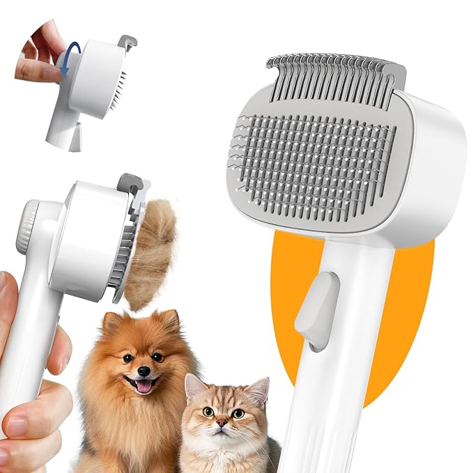 Dog & Cat Brush for Shedding, 2 in 1 Self Cleaning Deshedding Brush with Adjustable Bristle Length & Dematting Comb, Skin Friendly Grooming Tool for Long & Medium-Long Hair Pets