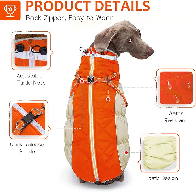 Dog Winter Coat with Harness, Dog Jacket, Pet Clothes with Zipper on Back, Waterproof Windproof Warm Vest, Reflective Cold Weather Coats, for Small Medium Large Dogs, Thick, Orange, 3XL