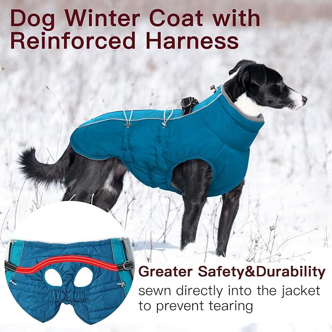 Dog Winter Jacket - 3X Large, Warm Zip Up Snowsuit Dog Harness Vest, Reflective, Water-Resistant, Green
