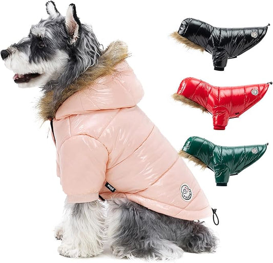 PINA Dog Winter Coat with Faux Fur Hood, Windproof and Warm, Suitable for Small to Large Dogs, Pink, XXL