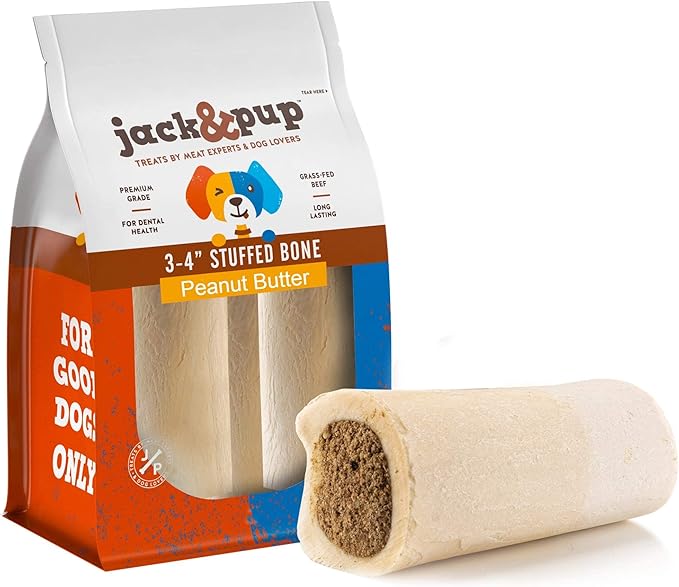 Jack&Pup 3-4" Filled Dog Bones for Small and Large Dogs, Flavored Shin Dog Bones Long Lasting, Stuffed Bone for Dogs, High Protein, Peanut Butter Flavor - 4 Pack