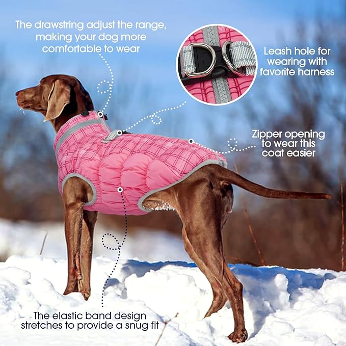 FUAMEY Dog Coat for Large Dogs,Waterproof Dog Winter Jacket with Harness Built in Puppy Cold Weather Coats Reflective Pet Vest with Zipper Warm Fleece Dogs Snowsuit Windproof Rose Plaid 2XL