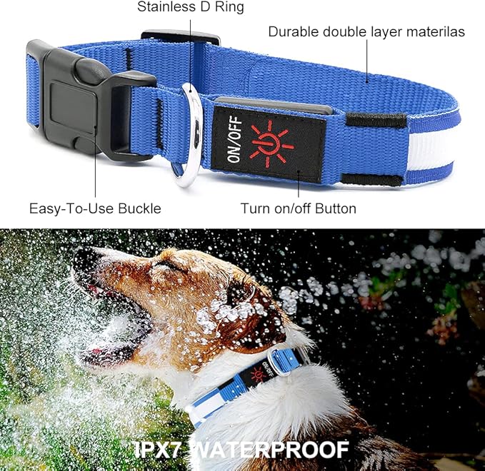 YFbrite Ultra Light Adjustable LED Dog Collar, Light up Dog Collars Rechargeable Glowing in The Dark Collars Visiblity & Safety for Small, Medium, Large Dogs (Blue, X-Large)