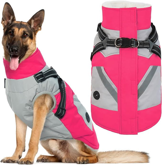 IECOii Dog Coat for Large Dogs Waterproof Dog Winter Jacket with Harness Built in, Rosered - XXLarge, Thermal Warm Fleece Lined, Reflective Dogs Jackets for Cold Weather Camping, Hiking, Pitbull