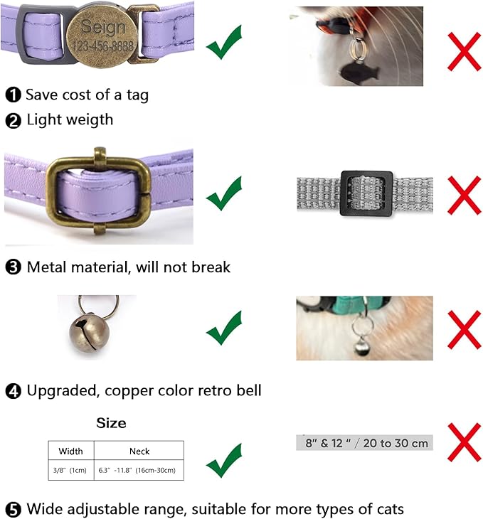 Cat Collar Breakaway, Personalized Leather Cat Collar with Bells-Adjustable Customized Collar with Name & Phone Number Tag for Girl Boy Cats-Quick Release Buckle for Cats & Kittens(Purple)