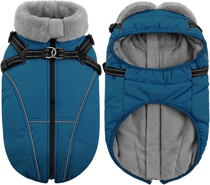 Queenmore Dog Jackets for Large Dogs, Dog Coat with Harness Built in,Waterproof Dogs Coats with Zipper On Back,Warm Fleece Lining Cold Weather Pet Coats with Furry Collar for Labrador,Blue,XL