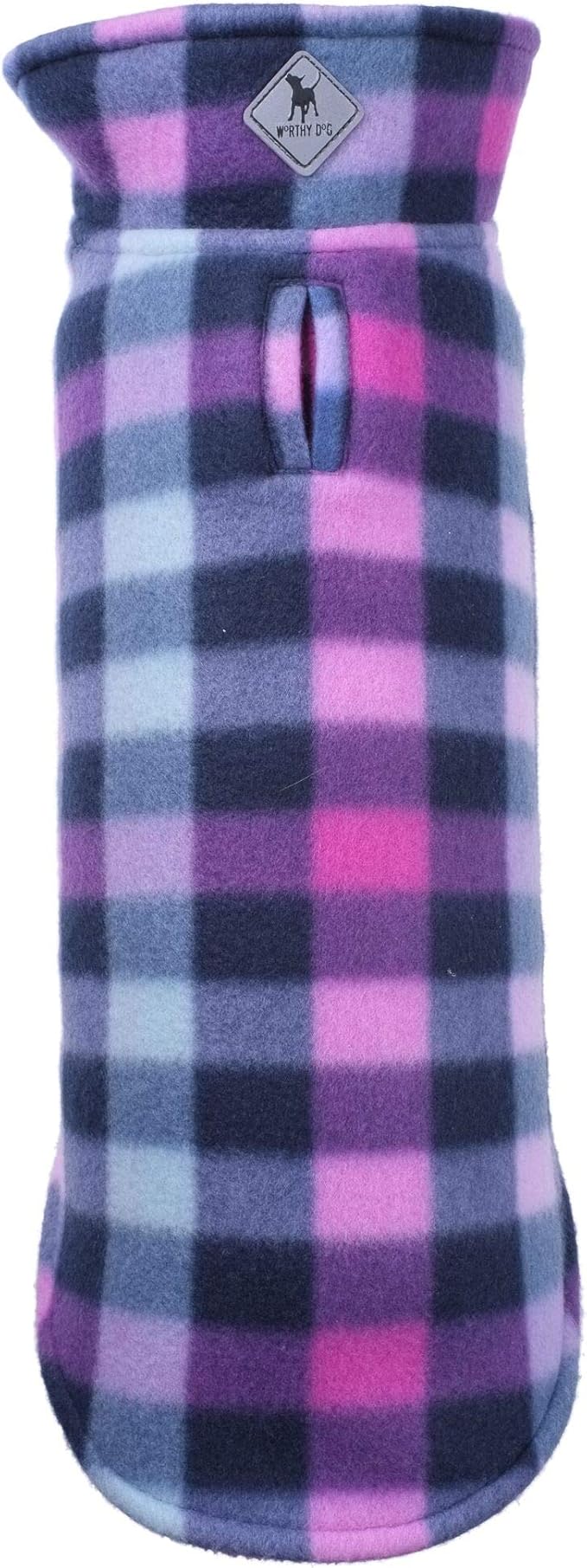 The Worthy Dog Fargo Fleece Check Dog Jacket, Adjustable Reversible with Harness Hole, Wind-Resistant, Winter Outdoor Clothes for Pets, Purple - 26''