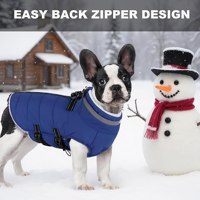 Large Dog Coat with Harness Built-in, Waterproof Reflective Fleece Lined - Warm Windproof Winter Jacket with Back Zipper, Cold Weather Snow Dog Coats - Blue - 2XL
