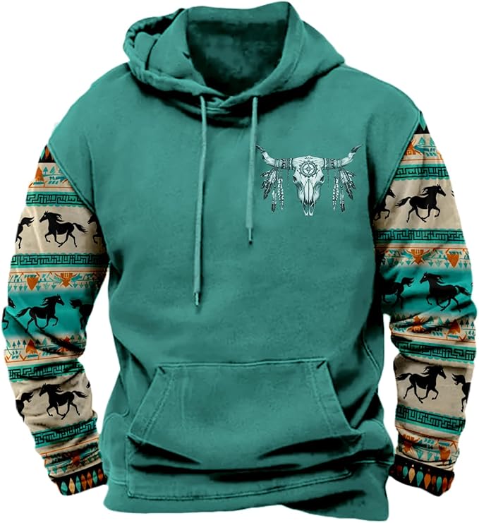 HOTYD Mens Western Aztec Sweatshirts Long Sleeve Fall Fashion Drawstring Pullover Vintage Graphic Cowboy Hoodie for Men