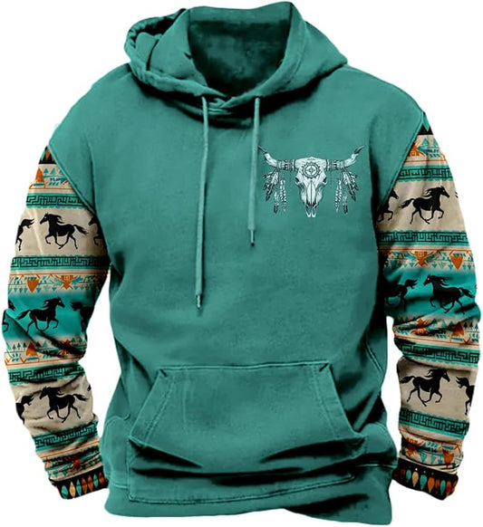 HOTYD Mens Western Aztec Sweatshirts Long Sleeve Fall Fashion Drawstring Pullover Vintage Graphic Cowboy Hoodie for Men