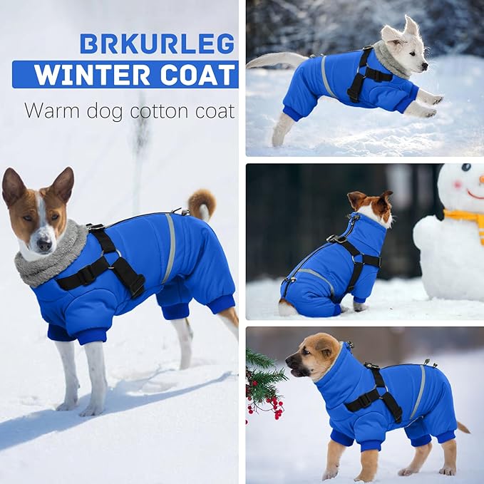 BRKURLEG Blue Dog Winter Coat, Cozy Winter Dog Jackets, Small Dogs Coat with Harness, Onesie Body Warm Puppy Christmas Jacket, Pet Reflective Cold Weather Jackets, Puppy Four-Legged Puffer Coats, XL