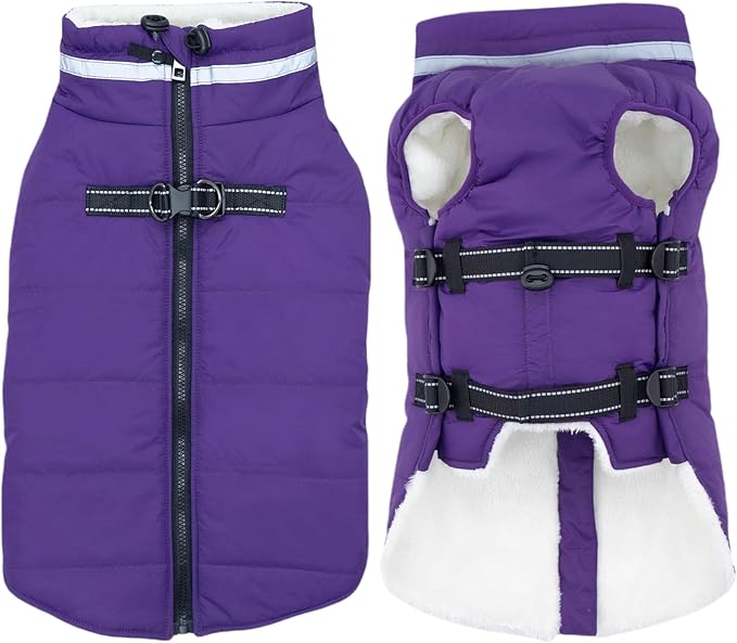 Dog Coat with Harness Built-in, Waterproof Reflective Fleece Lined - Warm Windproof Winter Jacket with Back Zipper, Cold Weather Snow Dog Coats - Purple - L