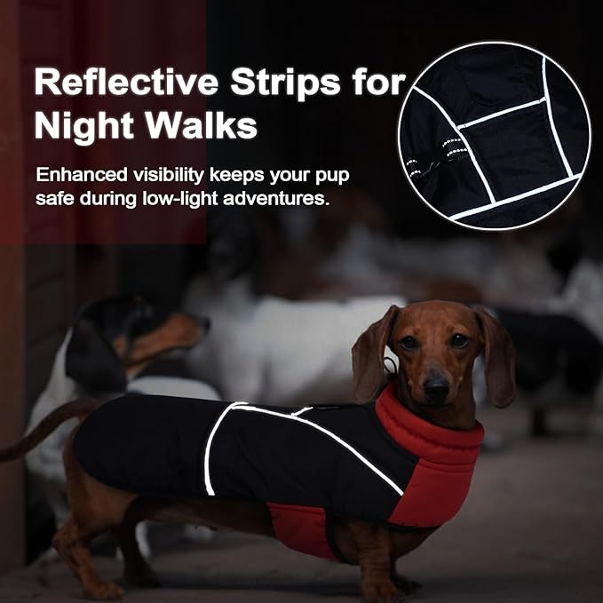 Lelepet Dachshund Coat Warm Dog Winter Coat Waterproof Dog Jacket with Fleece Lining, Reflective Outdoor Dachshund Snowsuit with Leash Hole Adjustable Neckline,Coats for Small Medium Dogs,Red, L