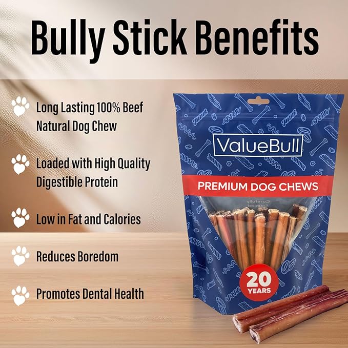 ValueBull Bully Sticks for Small Dogs, Extra Thin 6 Inch, 50 Count - All Natural, Grass Fed, Single Ingredient, Long Lasting Dog Treats