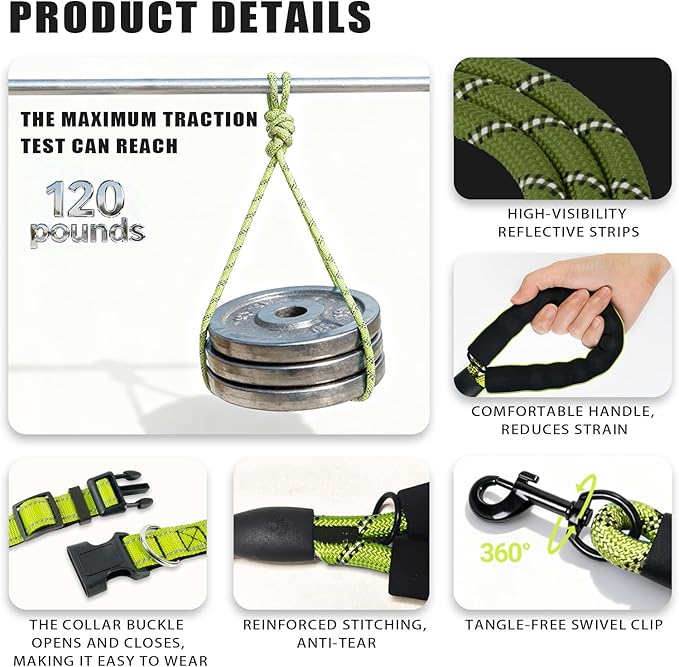 Nylon Dog Leash for Medium Large Dogs, 5-FTReflective Heavy Duty Leash with Comfortable Handle & Poop Bag Dispenser Ring, 1/2 Inch Wide, Secure Reinforcement for Walking (Green, L)