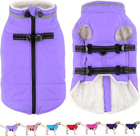 Dogcheer Dog Coat with Harness, Waterproof Dog Jacket Adjustable Winter Coat with Zipper, Christmas Puppy Snow Jacket Fleece Sweater for Small Medium Large Dogs - Taro Purple S