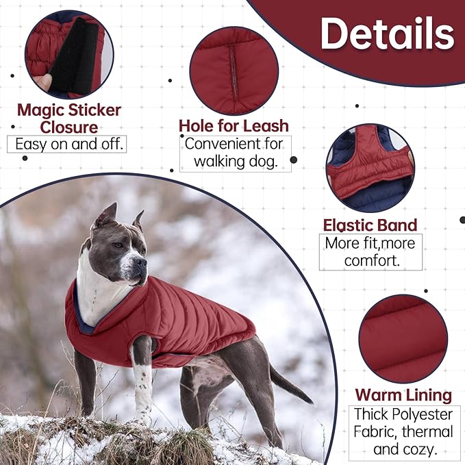 Lelepet Reversible Dog Coat Waterproof Dog Jacket Windproof Puffer Vest for Winter Warm Lightweight Coats for Small Dogs Adjustbale Hook & Loop Pet Apparel with Leash Hole, Shih Tzu, Wine Red, S