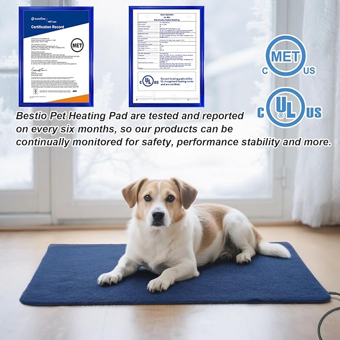 Bestio Cat Heating Pad, 18×18 in Heated Blanket with Intelligent Constant Temperature Switch and Metal Protective Tube, with A Plush Cotton Sleeve-Blue
