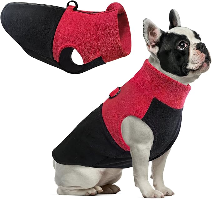 Idepet Dog Fleece Vest Sweater Zip Up Warm Pullover Dogs Jacket with D-Ring Leash Winter Cold Weater Coat Pet Sweatershirt Clothes Hoodie for Small Medium Dogs Boy Girl (Red/Black, XS)