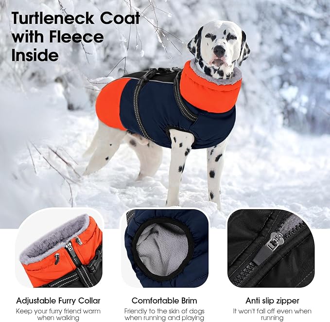 SUNFURA Dog Coat, Warm Dog Jacket with Harness Built in, Waterproof Pet Winter Coat Snowsuit with Zipper, Reflective Fleece Jacket for Extra Large Dogs, Weimaraner, Blue XXL