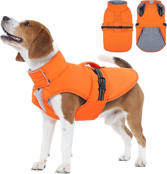 IECOii Large Dog Coat - Reflective, Adjustable & Windproof, Warm Vest for Corgi & Beagle & French Bulldog, Waterproof Fleece Lined Jacket for Hiking, Quick Snap Buckles, Orange, Size L