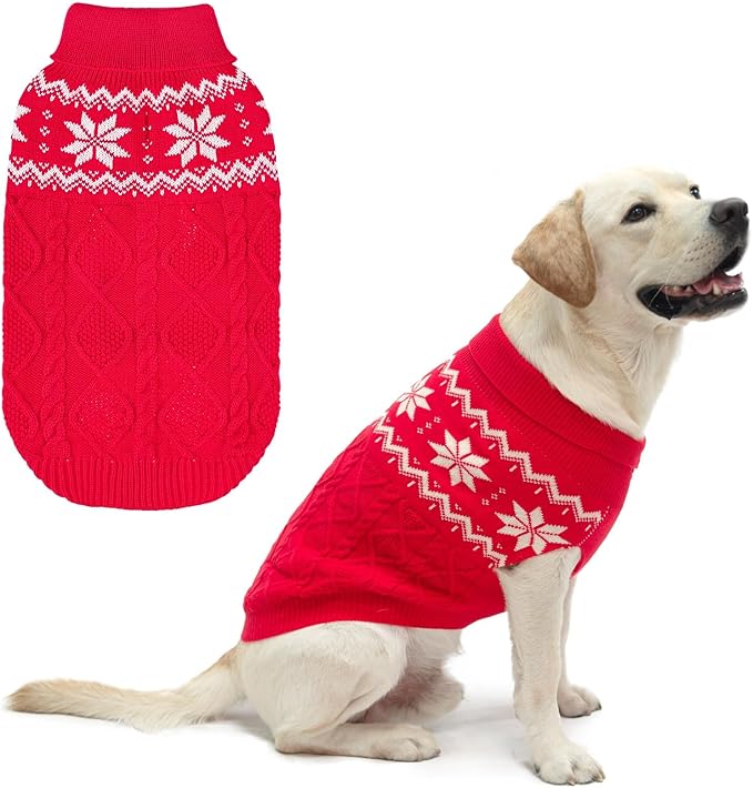 Warm Winter Pink Dog Sweater - Cold Weather Pet Clothes for Small Medium Large Dogs Indoor Outdoor, Soft Classic Knit Puppy Apparel Coat, Red, XL