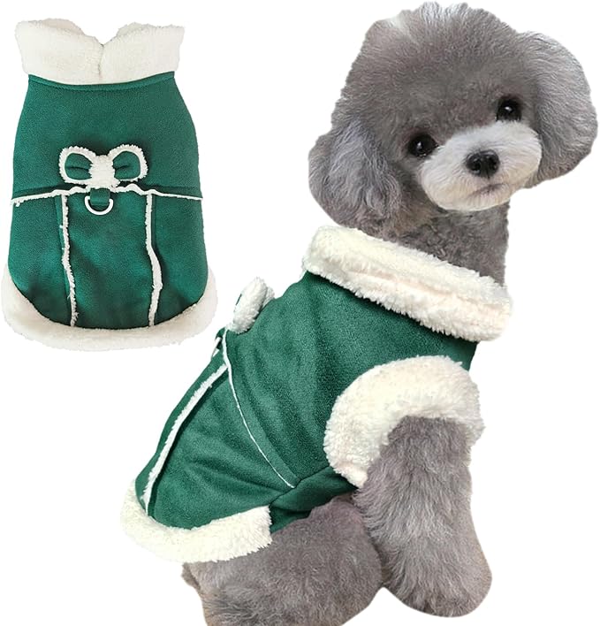 Jecikelon Bowtie Dog Cold Weather Coat Fleece Lining Warm Pet Puppy Turtleneck Dogs Winter Clothes for Small Dogs with D-Ring (Green, Small)