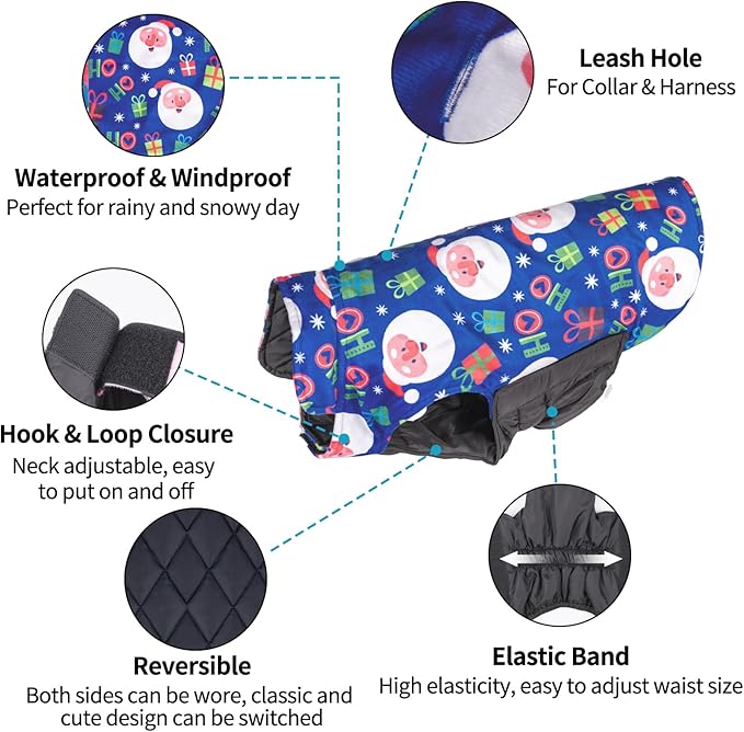 CuteBone Winter Dog Coat - Waterproof Windproof Reversible Vest, Thick Adjustable Cold Weather Jacket for Small Medium Large Dogs, Soft With Leash Hole