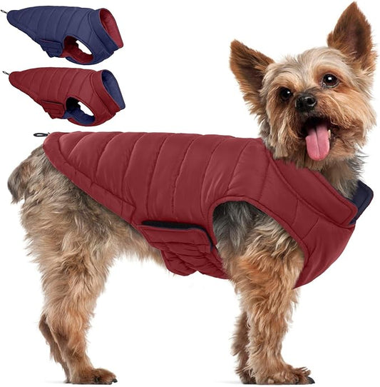QBLEEV Reversible Dog Jacket for Small Dogs, Waterproof Windproof Warm Winter Coat with Adjustable Fit & Leash Hole, Lightweight Reversible Puffer Vest, Wine Red, S – Fits Yorkie, Shih Tzu