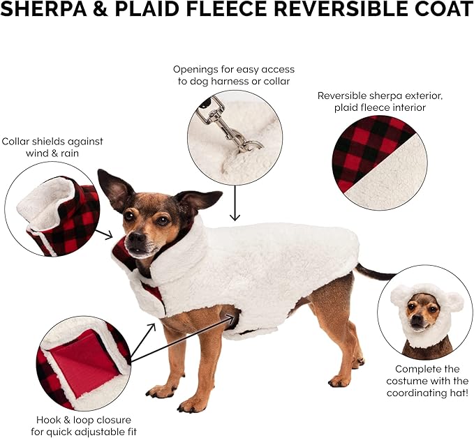 Furhaven Reversible Large Dog Coat, Washable & Insulating w/ Leash Access - Sherpa & Plaid Fleece Flex-Fit Jacket - Cream/Red, Large