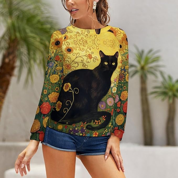 Long Sleeve Shirts for Women Cat Oil Painting Shirt 3D Graphic Sweatshirts Fall Pullover Crewneck Vintage Boho Tops